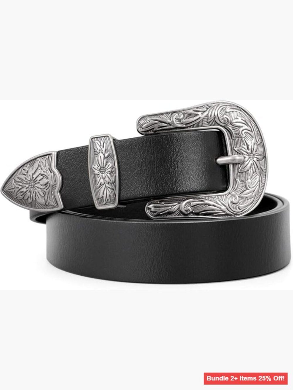 Women's Leather Western Belt with Flower Buckle for Jeans & Dresses